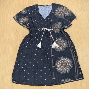 Earthbound Trading Co Dress Navy Blue Mandala Boho Hippie Women's Small?